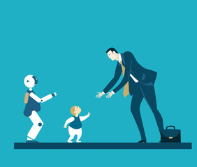 Child meeting parent after work. Robot babysitter, early stage robotic teaching process. Future reality concept. 