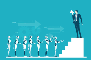 Obraz premium Businessmen giving a commands with loudhailer to robots. Control, support and making decision concept illustration 