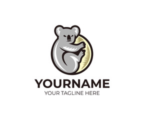 Koala climbing on eucalyptus tree logo template. Grey koala bear vector design. Australian herbivorous marsupial animal illustration