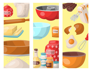 Baking pastry prepare cooking ingredients kitchen cards utensils homemade food preparation baker vector illustration.
