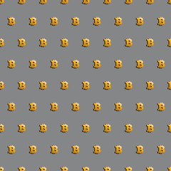 Bitcoin. Cryptocurrency seamless pattern. Digital currency. Golden bitcoin. Crypto currency background.  Gold sign of crypto currency on a grey background. Illustration of financial technologies.