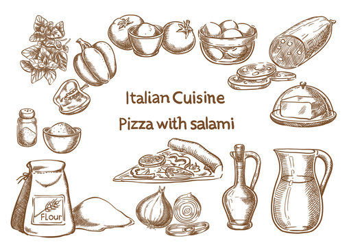 Italian cuisine. Pizza with salami ingredients vector sketch.