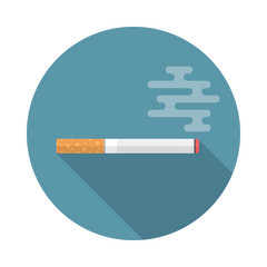 Cigarette circle icon with long shadow. Flat design style. Cigarette simple silhouette. Modern, minimalist, round icon in stylish colors. Web site page and mobile app design vector element.