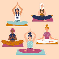 Set with beautiful women in lotus buddha asana pose of yoga. Vector set of exercises illustration. Five women sit on yoga mats. Helthy lifestyle. Sun greeting. Basic sctretching fitness. Flat style