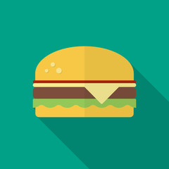 Burger icon with long shadow. Flat design style. Hamburger simple silhouette. Modern, minimalist icon in stylish colors. Web site page and mobile app design vector element.