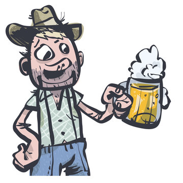 Happy Man Drinking Beer. Comic Character. Vector illustration