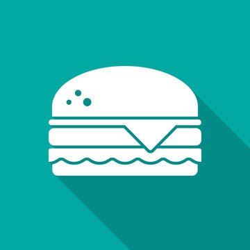 Burger icon with long shadow. Flat design style. Hamburger simple silhouette. Modern, minimalist icon in stylish colors. Web site page and mobile app design vector element.