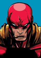 Superhero Portrait Line Art 2 / Comics style llustration of the portrait of a powerful superhero looking at camera with a tough facial expression isolated on blue background. © Malchev