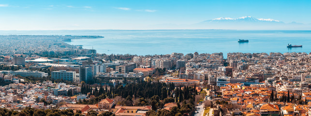 10.03.2018 Thessaloniki, Greece - Panoramic View of Thessaloniki city, the sea and the olympous mountain - obrazy, fototapety, plakaty