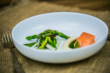 Detail on special designe for food on a wooden board.Food detail