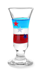 Layered cocktail in colors of American flag on white background
