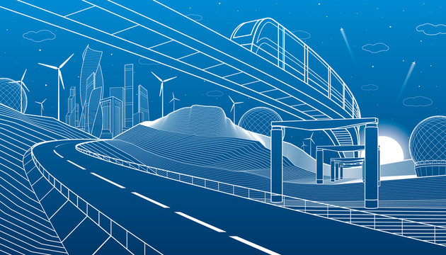Monorail in mountains. City highway. Transportation illustration. Tower and skyscrapers, modern town, business buildings. Night scene. White lines on blue background. Vector design art