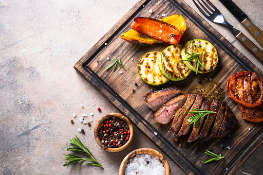 Grilled beef steak and grilled vegetables