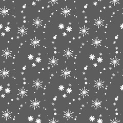 Snowflake simple seamless pattern. white snow on Black background. Abstract wallpaper, wrapping decoration. Symbol of winter, Merry Christmas holiday, Happy New Year celebration Vector illustration