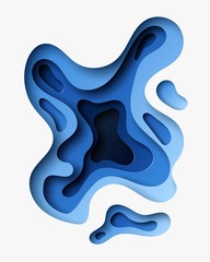 Vertical template with 3D abstract background with paper cut blue waves. Vector design layout