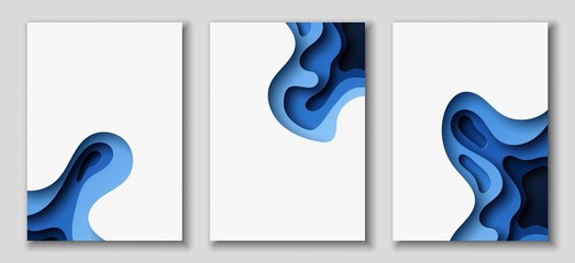 Vertical A4 flyers with 3D abstract background with paper cut blue waves. Vector design layout