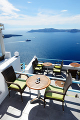 The sea view terrace at luxury hotel, Santorini island, Greece