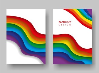 A4 covers with 3D abstract background. Paper cut design. Symbol of LGBT community. Waves of rainbow colors. Design for report annual, brochure, flyers, magazine, posters, catalogs, banners. Vector.