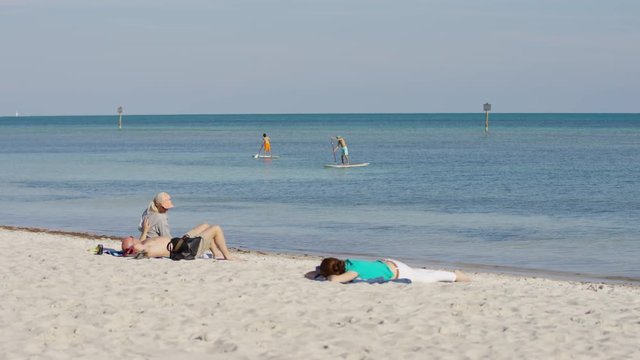 People standup paddle boarding and lying on the beach