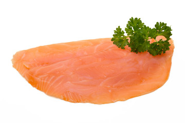 Fresh salmon slice and spice on the white background.