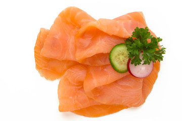 Fresh salmon slice and spice on the white background.