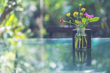 Closeup of flower bouquet in a vase on a sunny summer day in cafe.