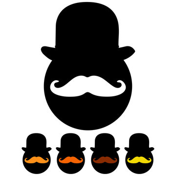 Simple cartoon character (silhouette) with a moustache, wearing a hat icon. Five variations. Isolated on white