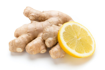 Ginger bio and lemon on white background.