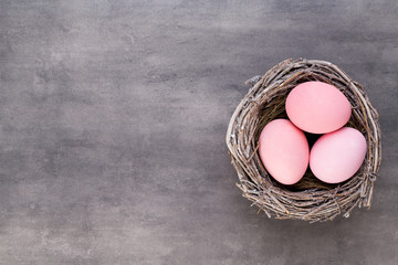 Mother's Day, woman's day, easter, pink tulips, presents on gray  background.