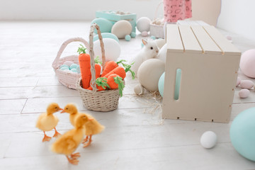 Fototapeta na wymiar Easter decorated studio room with ducklings, carrots and painted big eggs. Horizontal shot
