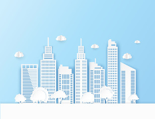 White paper skyscrapers and trees. Achitectural building in panoramic view. Modern city skyline building industrial paper art landscape skyscraper offices. Vector Illustration