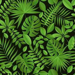 Paper palm, monstera leaves seamless pattern. Summer tropical leaf. Paper cut style. Origami exotic hawaiian jungle, summertime background