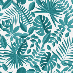 Paper palm, monstera leaves seamless pattern. Summer tropical leaf. Paper cut style. Origami exotic hawaiian jungle, summertime background