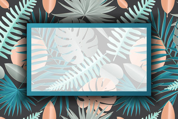 Paper palm, monstera leaves pattern with frame. Summer tropical leaf. Origami exotic hawaiian jungle, summertime background in pastel colors