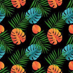 Fototapeta na wymiar Paper palm, monstera leaves seamless pattern. Summer tropical leaf. Paper cut style. Origami exotic hawaiian jungle, summertime background