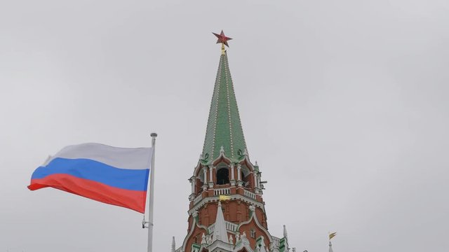 Kremlin Moscow Dome of Senate building Russian Flag tower.