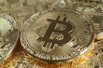 Many golden bitcoins as conceptul crypto currency image