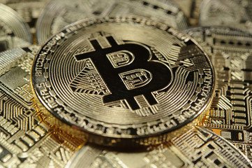 Fototapeta na wymiar Stack of golden bitcoin coins