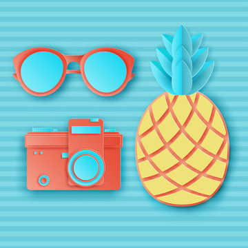 Summer background in pastel colors. Paper cut retro photo camera, sunglasses and pinapple on striped background. Summer vacation concept