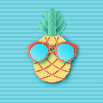 Cute paper pineapple in sunglasses on striped background. Summer vacation concept. Pastel colors. Modern paper art style