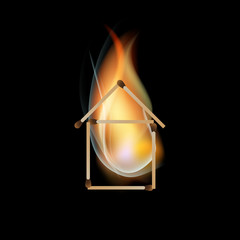 Fire in the house of matches. Realistic vector