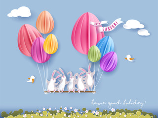 Happy Easter card with bunny, flowers and egg air balloon on blue sky background. Vector illustration. Paper cut and craft style.