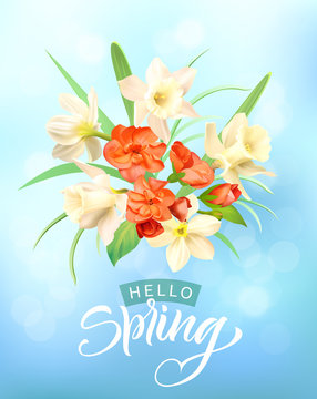 Romantic background with white daffodils, red geranium and spring greeting. Vector illustration.