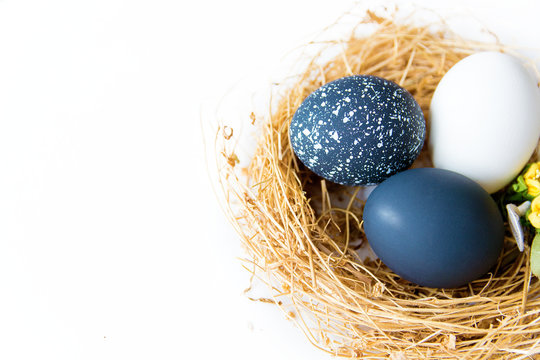 black and white colored Easter eggs in nest on wooden background, selective focus image. Happy Easter card
