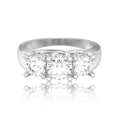 3D illustration isolated white gold or silver three stone diamond ring with reflection