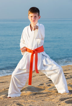 Boy practising karate at seaside