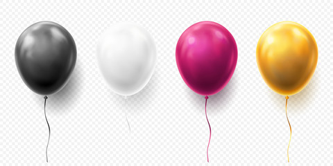 Realistic glossy golden, purple, black and white balloon vector illustration on transparent background. Balloons for Birthday, festive occasions, parties, weddings. Festival romantic decorations. - obrazy, fototapety, plakaty