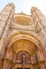 Famous historic Palma de Mallorca La Seu Cathedral. Balearic Islands Mallorca Cathedral. Majestic medieval stone  gothic architecture building. Europe travel vacation destination.