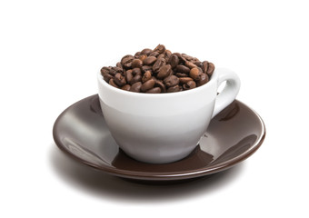 cup with beans coffee isolated