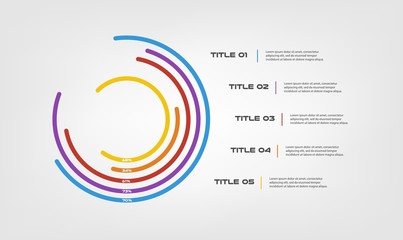 Circular chart color infographics step by step in a series of circle. Element of chart, graph, diagram with 5 options - parts, processes. Vector business template for presentation